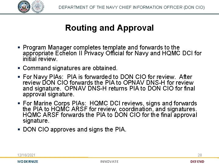 DEPARTMENT OF THE NAVY CHIEF INFORMATION OFFICER (DON CIO) Routing and Approval § Program