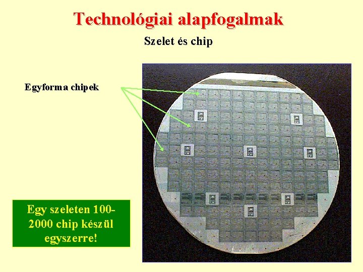 Technológiai alapfogalmak Szelet és chip Egyforma chipek Egy szeleten 1002000 chip készül egyszerre! 