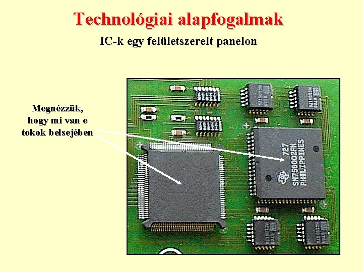 Technológiai alapfogalmak IC-k egy felületszerelt panelon Megnézzük, hogy mi van e tokok belsejében 