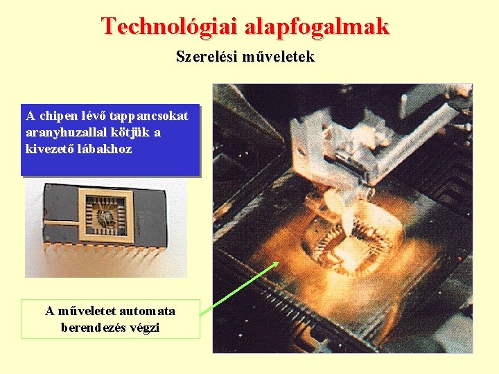 Technológiai alapfogalmak Szerelési műveletek A chipen lévő tappancsokat aranyhuzallal kötjük a kivezető lábakhoz A