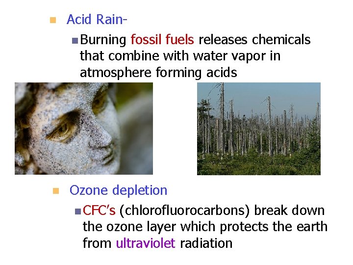 n Acid Rainn Burning fossil fuels releases chemicals that combine with water vapor in