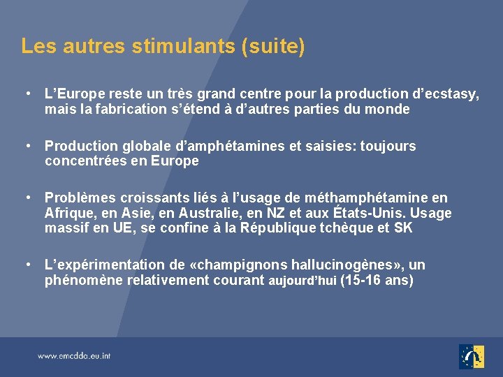 Les autres stimulants (suite) • L’Europe reste un très grand centre pour la production