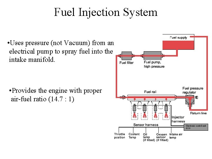 Fuel Injection System • Uses pressure (not Vacuum) from an electrical pump to spray