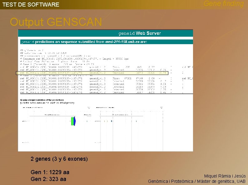 TEST DE SOFTWARE Gene finding Output GENSCAN 2 genes (3 y 6 exones) Gen