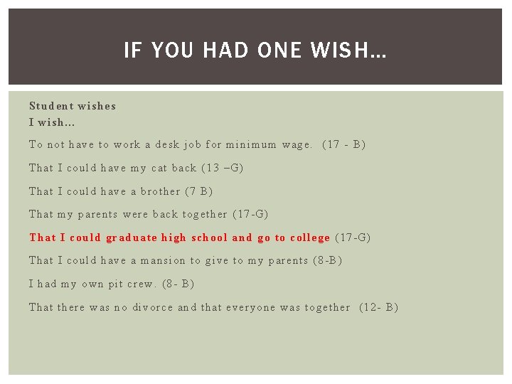IF YOU HAD ONE WISH… Student wishes I wish… To not have to work IF YOU HAD ONE WISH… Student wishes I wish… To not have to work