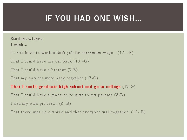 IF YOU HAD ONE WISH… Student wishes I wish… To not have to work