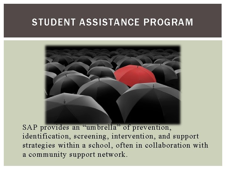 STUDENT ASSISTANCE PROGRAM SAP provides an “umbrella” of prevention, identification, screening, intervention, and support