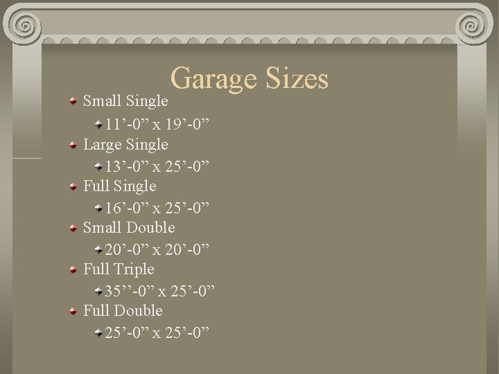 Garage Sizes Small Single 11’-0” x 19’-0” Large Single 13’-0” x 25’-0” Full Single