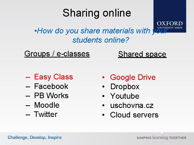 Sharing online • How do you share materials with your students online? Groups /