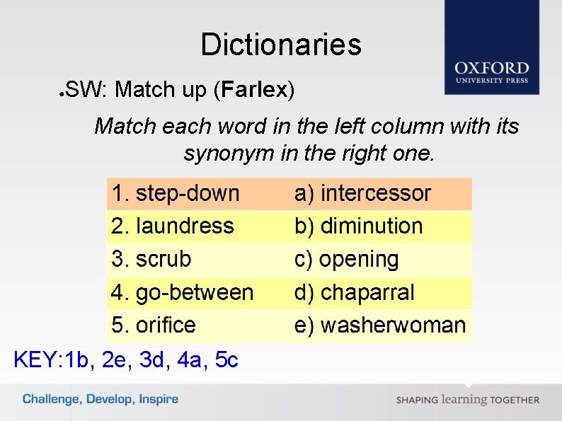 Dictionaries ● SW: Match up (Farlex) Match each word in the left column with