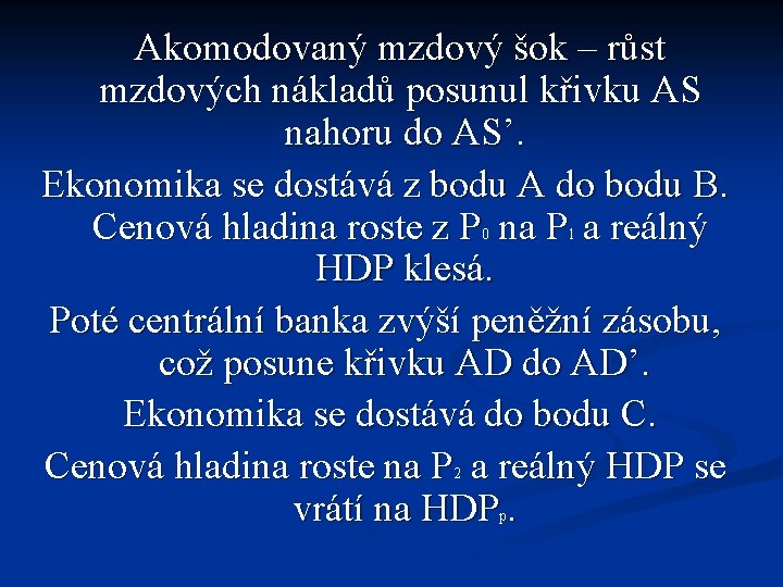 Akomodovaný mzdový šok – růst mzdových nákladů posunul křivku AS nahoru do AS’. Ekonomika