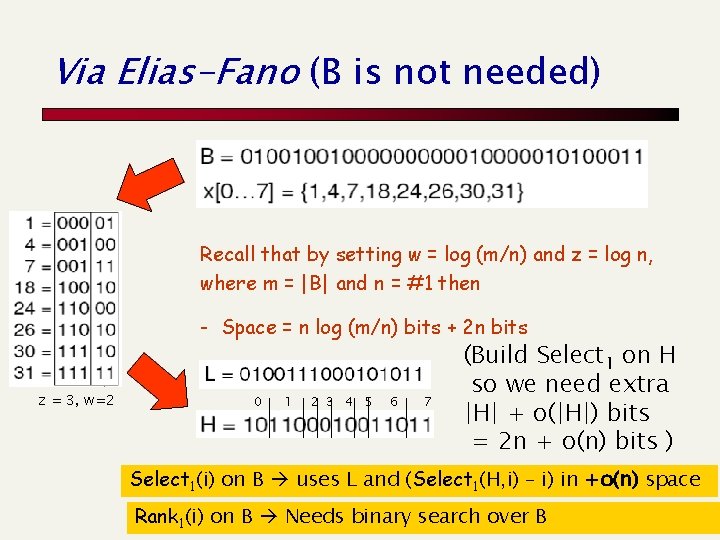 Via Elias-Fano (B is not needed) Recall that by setting w = log (m/n)