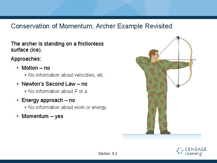 Conservation of Momentum, Archer Example Revisited The archer is standing on a frictionless surface