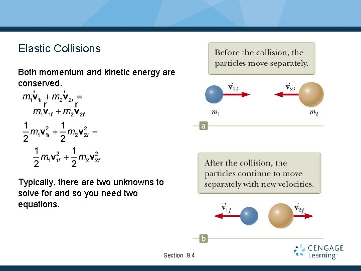 Elastic Collisions Both momentum and kinetic energy are conserved. Typically, there are two unknowns