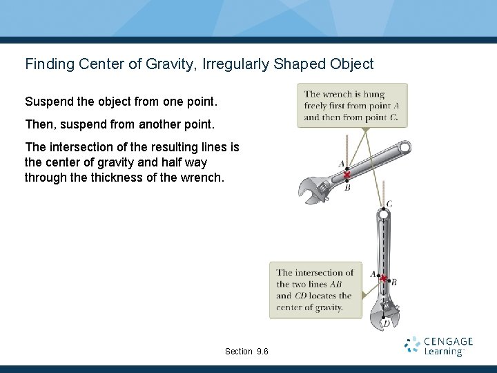 Finding Center of Gravity, Irregularly Shaped Object Suspend the object from one point. Then,