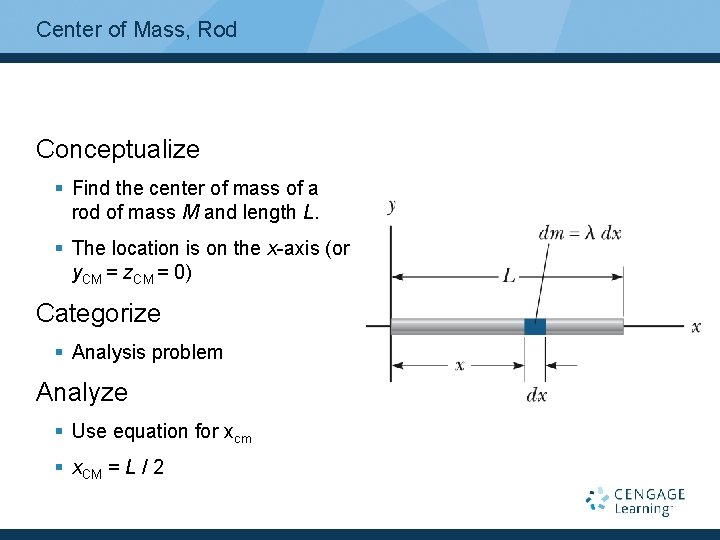 Center of Mass, Rod Conceptualize § Find the center of mass of a rod