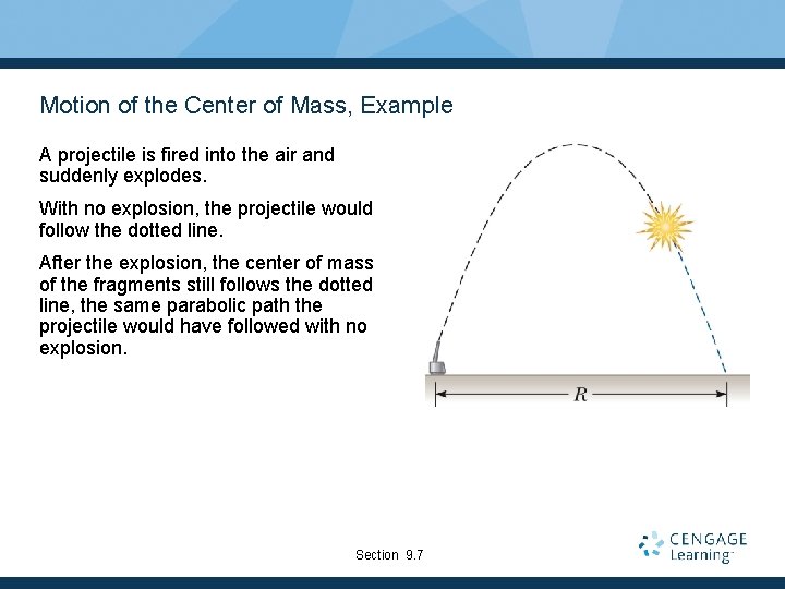 Motion of the Center of Mass, Example A projectile is fired into the air