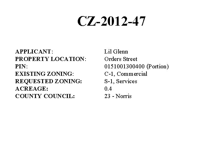 CZ-2012 -47 APPLICANT: PROPERTY LOCATION: PIN: EXISTING ZONING: REQUESTED ZONING: ACREAGE: COUNTY COUNCIL: Lil