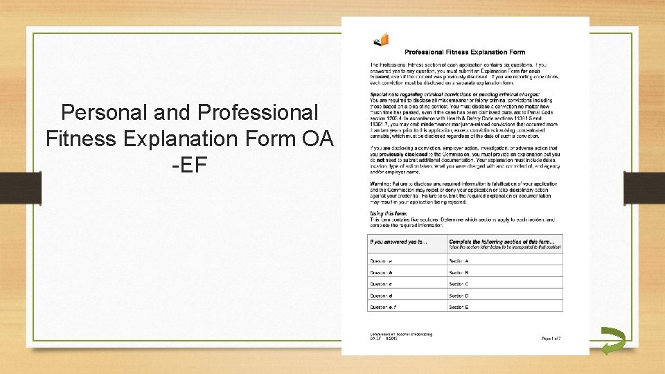 Personal and Professional Fitness Explanation Form OA -EF 
