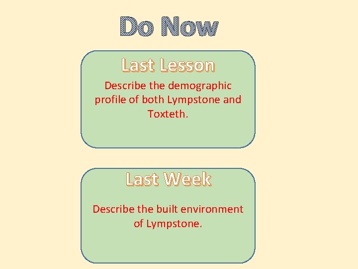 Do Now Last Lesson Describe the demographic profile of both Lympstone and Toxteth. Last