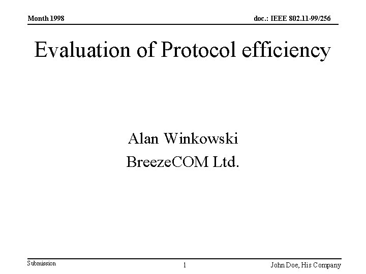 Month 1998 doc. : IEEE 802. 11 -99/256 Evaluation of Protocol efficiency Alan Winkowski