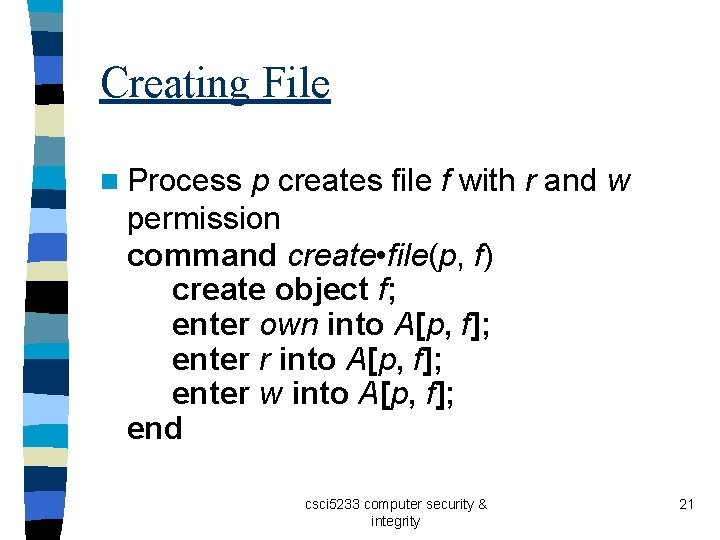 Creating File n Process p creates file f with r and w permission command