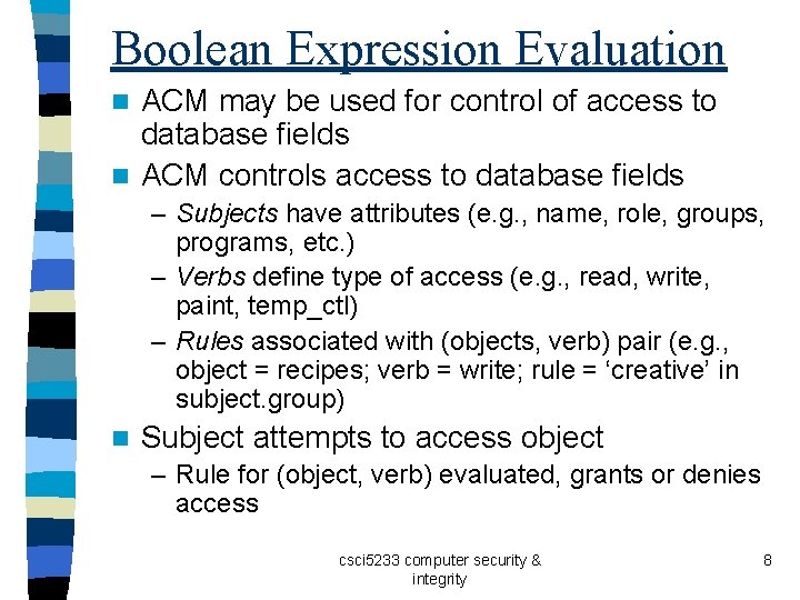 Boolean Expression Evaluation ACM may be used for control of access to database fields