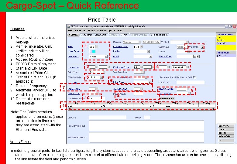 Cargo-Spot – Quick Reference Price Table Subtitles 1. Area to where the prices belongs.