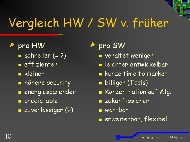 Vergleich HW / SW v. früher pro HW n n n n schneller (=