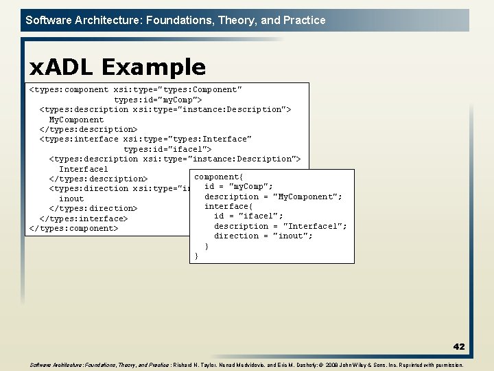 Software Architecture: Foundations, Theory, and Practice x. ADL Example <types: component xsi: type="types: Component"
