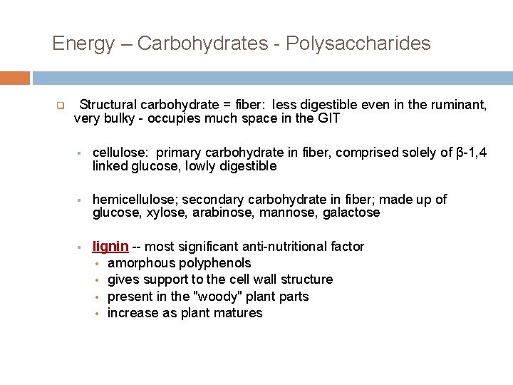 Energy – Carbohydrates - Polysaccharides q Structural carbohydrate = fiber: less digestible even in
