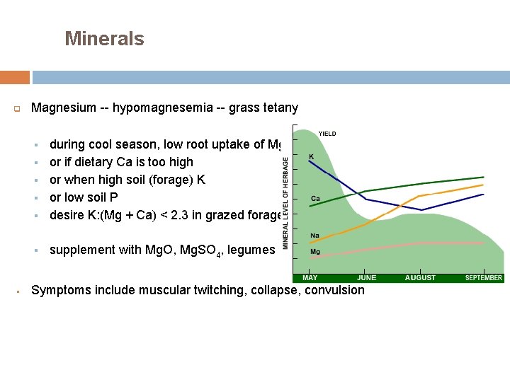 Minerals q Magnesium -- hypomagnesemia -- grass tetany § during cool season, low root