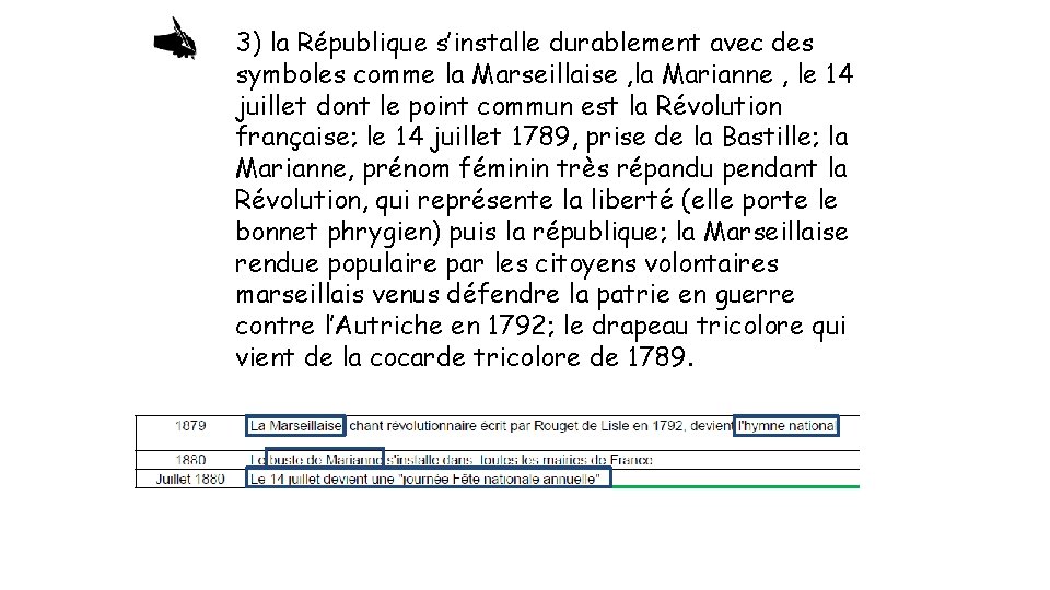 3) la République s’installe durablement avec des symboles comme la Marseillaise , la Marianne