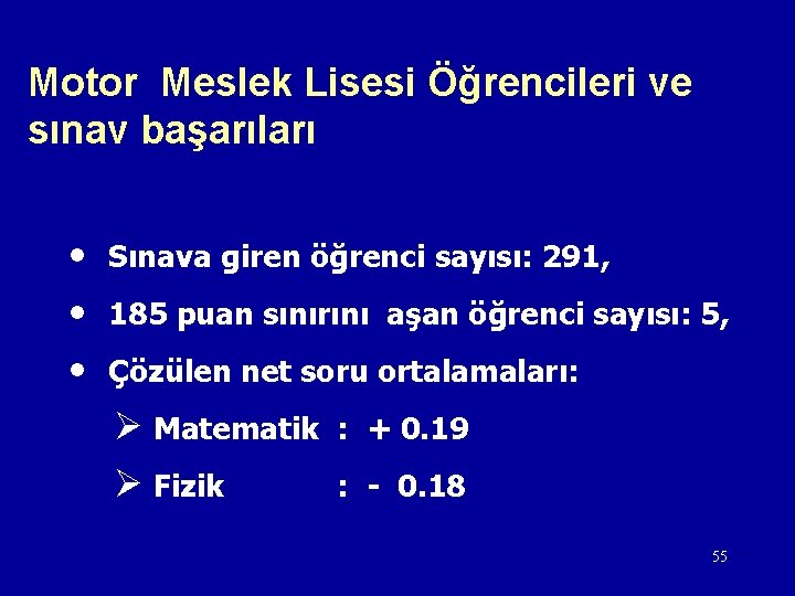 Motor Meslek Lisesi Öğrencileri ve sınav başarıları • Sınava giren öğrenci sayısı: 291, •