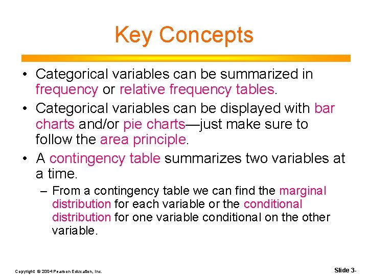 Key Concepts • Categorical variables can be summarized in frequency or relative frequency tables. Key Concepts • Categorical variables can be summarized in frequency or relative frequency tables.