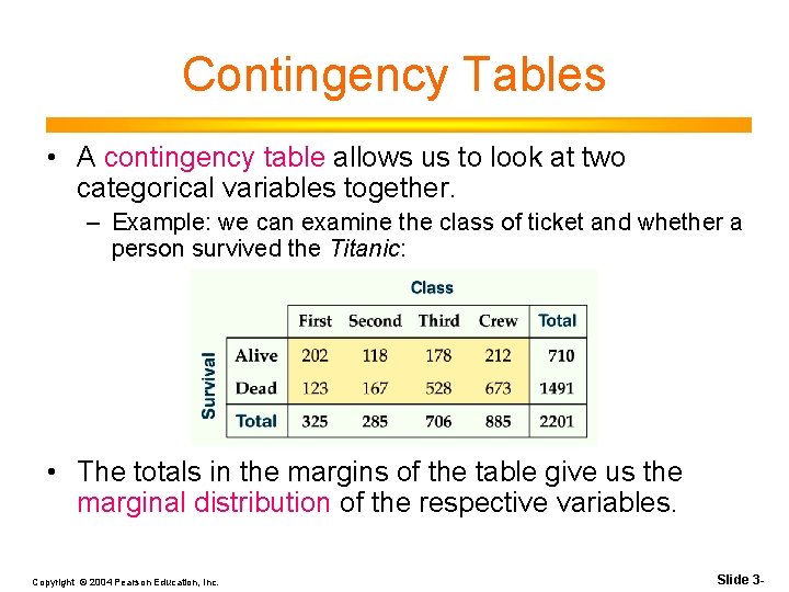 Contingency Tables • A contingency table allows us to look at two categorical variables Contingency Tables • A contingency table allows us to look at two categorical variables