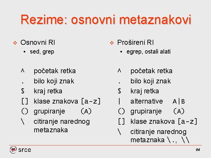 Rezime: osnovni metaznakovi v Osnovni RI w ^. $ [] ()  sed, grep