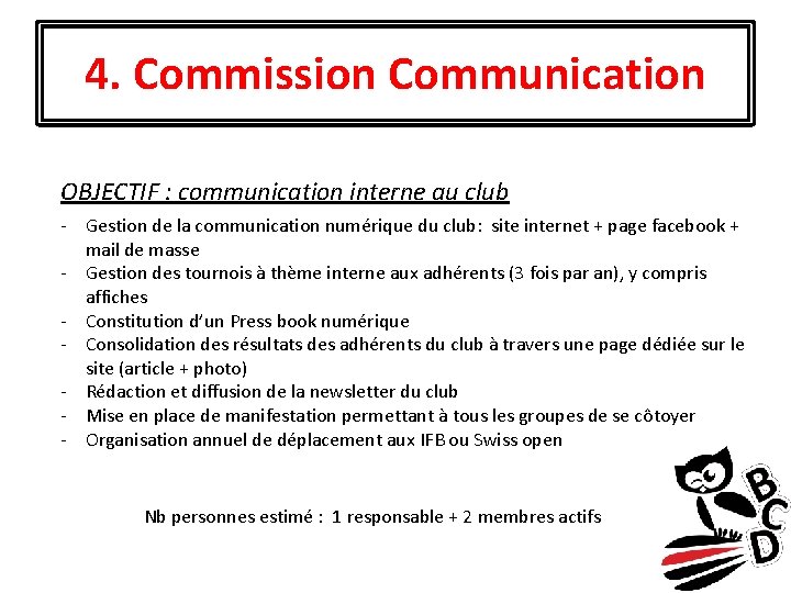 4. Commission Communication OBJECTIF : communication interne au club - Gestion de la communication