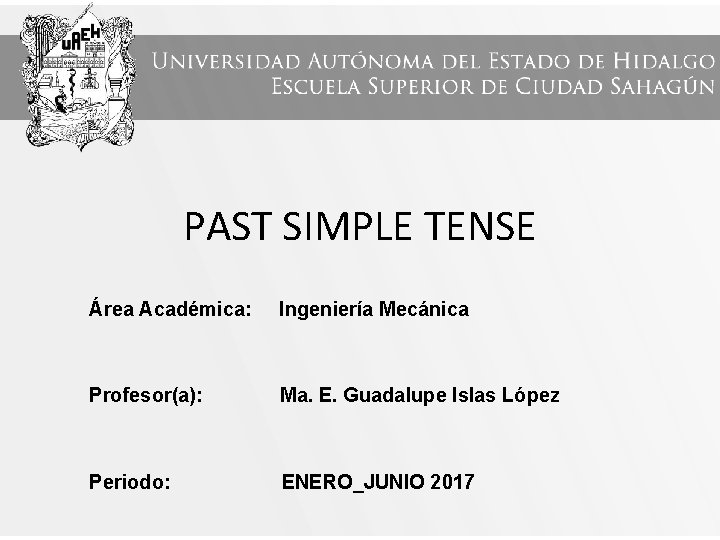 PAST SIMPLE TENSE Área Académica: Ingeniería Mecánica Profesor(a): Ma. E. Guadalupe Islas López Periodo: