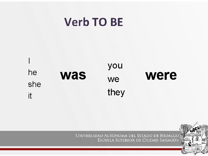 Verb TO BE I he she it was you we they were 