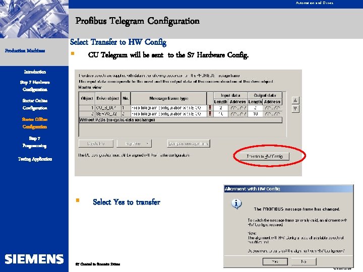 Automation and Drives Profibus Telegram Configuration Production Machines Select Transfer to HW Config §