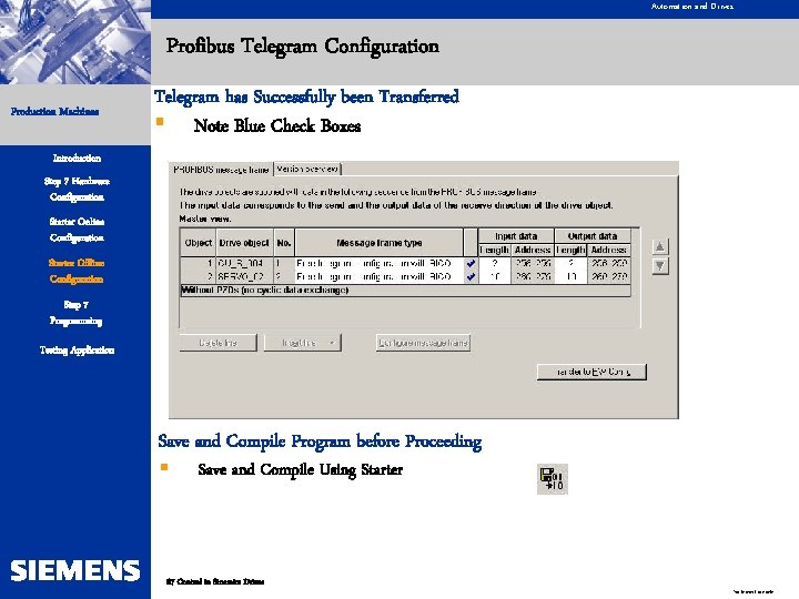 Automation and Drives Profibus Telegram Configuration Production Machines Telegram has Successfully been Transferred §