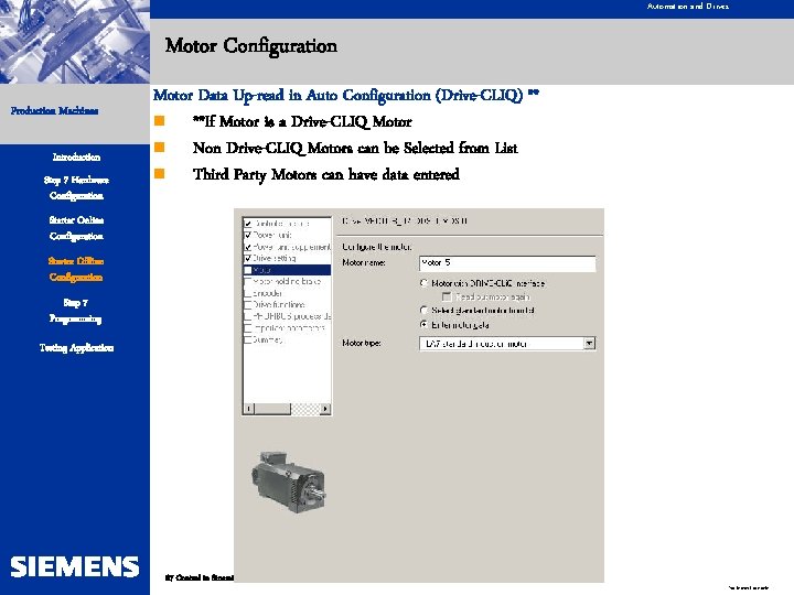 Automation and Drives Motor Configuration Production Machines Introduction Step 7 Hardware Configuration Motor Data