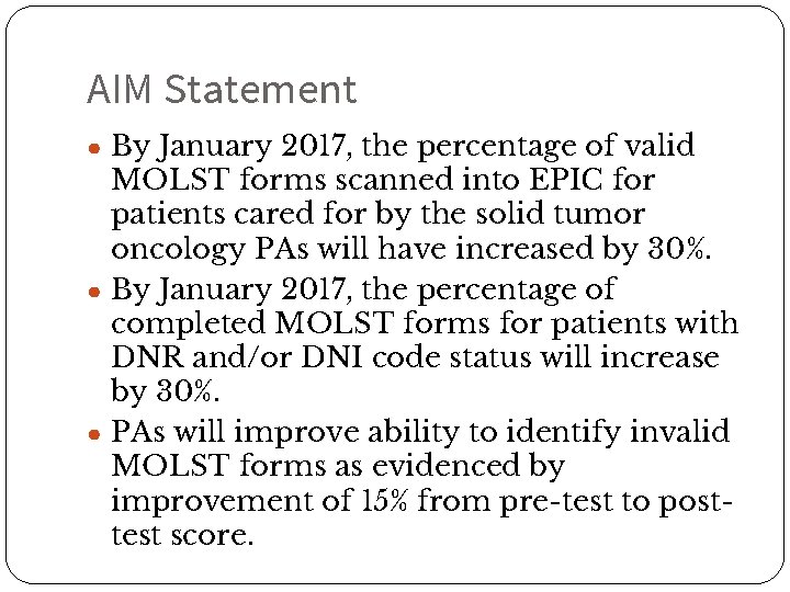 AIM Statement ● By January 2017, the percentage of valid 14 MOLST forms scanned