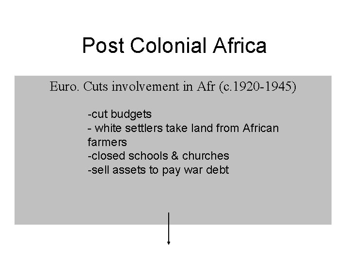 Post Colonial Africa Euro. Cuts involvement in Afr (c. 1920 -1945) -cut budgets -