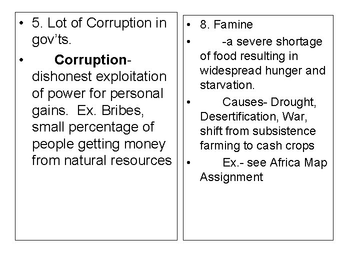  • 5. Lot of Corruption in gov’ts. • Corruptiondishonest exploitation of power for