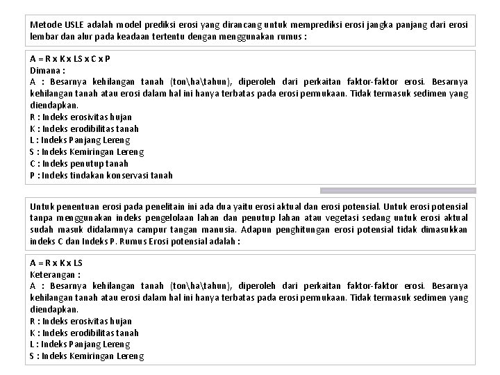 Metode USLE adalah model prediksi erosi yang dirancang untuk memprediksi erosi jangka panjang dari