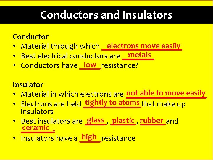 Conductors and Insulators Conductor electrons move easily • Material through which __________ metals •