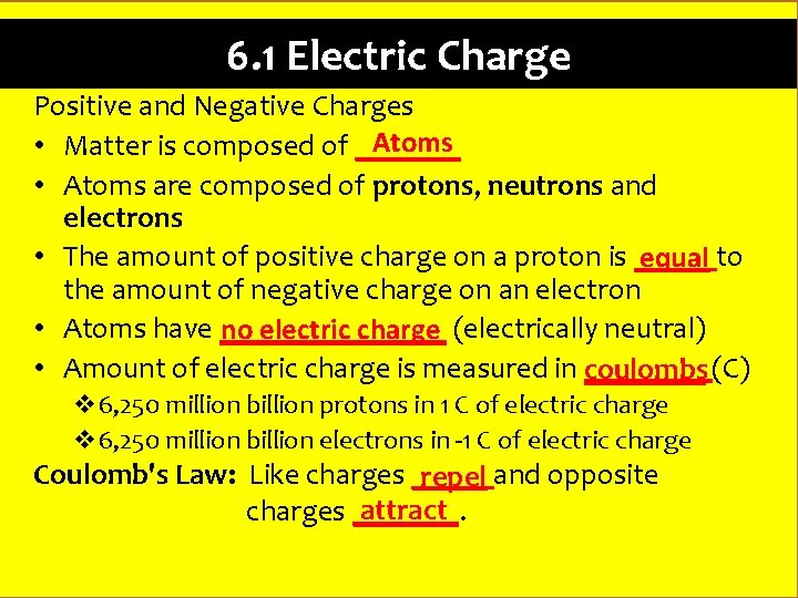 6. 1 Electric Charge Positive and Negative Charges Atoms • Matter is composed of