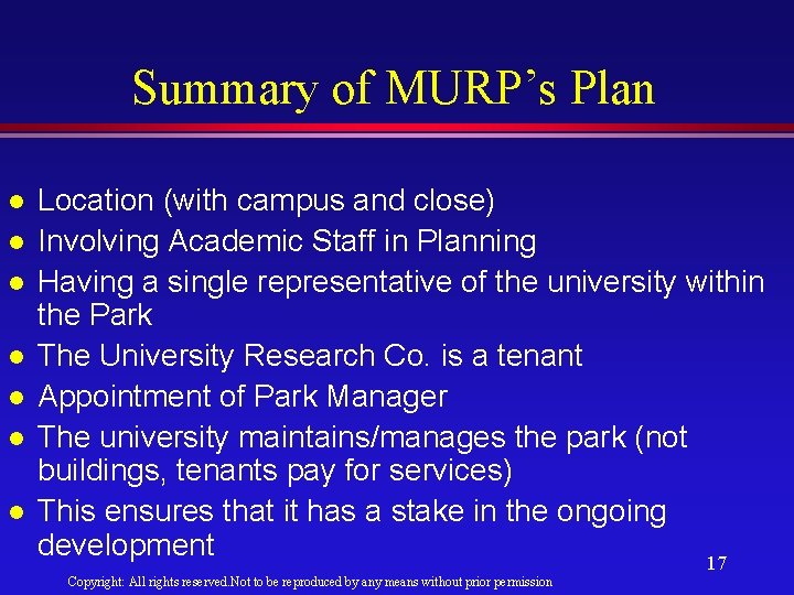Summary of MURP’s Plan l l l l Location (with campus and close) Involving